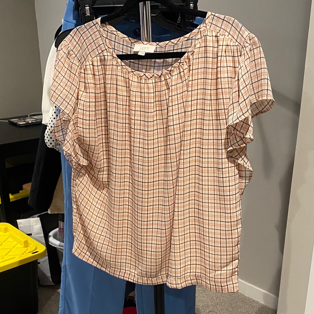 LOFT Checkered Blouse - Cream and Brown